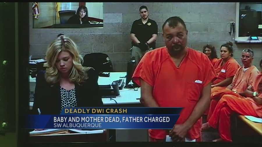 The father accused in a vehicular homicide case involving his 1-year-old child and a 30-year-old passenger appeared in court Monday.