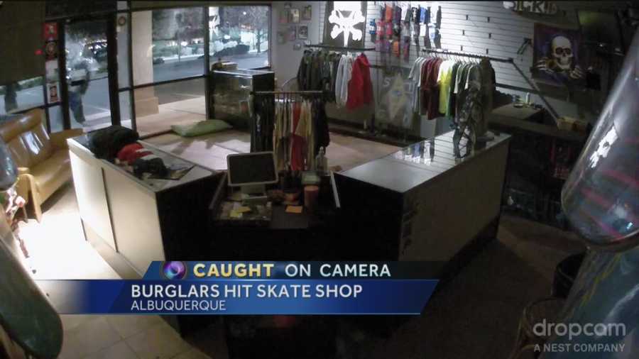 Two thieves smashed their way into an Albuquerque skateboard shop, stealing hundreds of dollars worth of merchandise. It was all caught on camera.