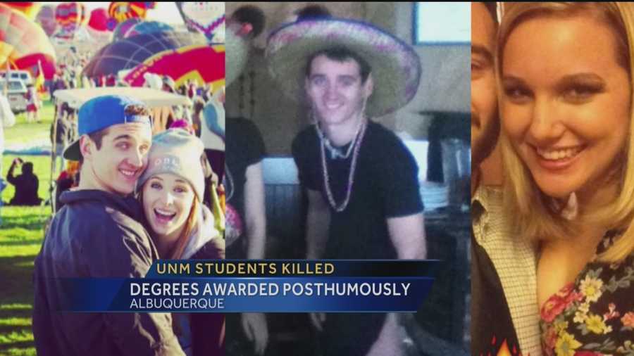 Two students who died in a tragic accident were awarded degrees at UNM's Graduation.