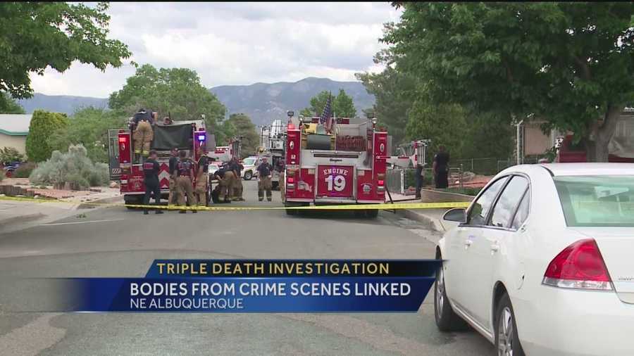 Albuquerque police are investigating after two bodies were found in a burning home and a third body was found about 2 miles southeast of the residence.