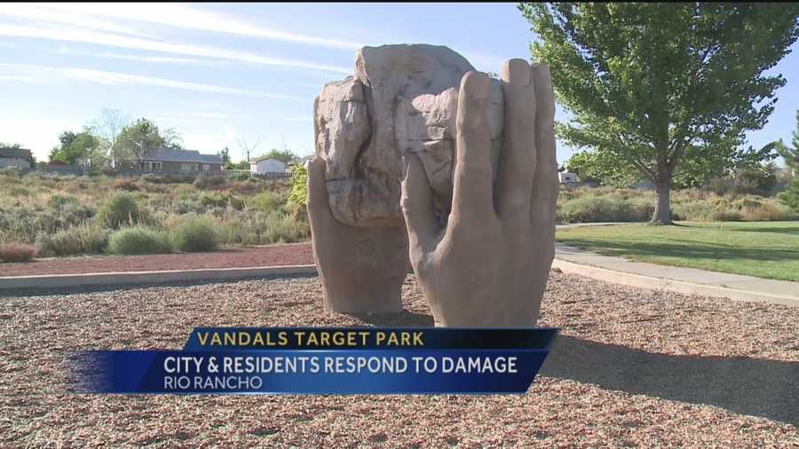 Vandals hit a Rio Rancho park over the weekend, spray-painting disgusting images and words all over a beloved statue and badly damaged public restrooms.