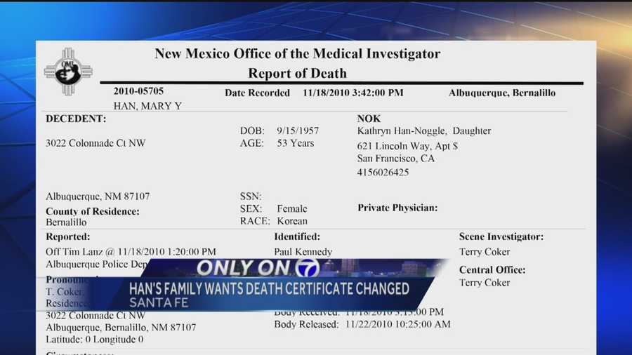 The family of a prominent Albuquerque lawyer, who was found dead in her garage five years ago, wants her death certificate changed.
