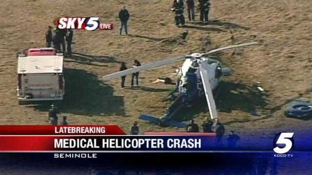 A medical helicopter headed to Creek Nation Community Hospital crashed near the town of Cromwell on Wednesday afternoon. An Oklahoma Highway Patrol spokesman says four people were injured.