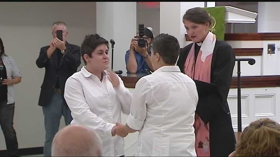 A minister married seven same-sex couples in one location Monday nigh after same-sex marriage was legalized in Oklahoma.