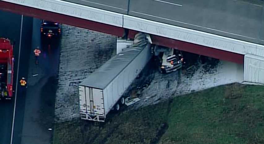 Semi-truck Stuck Under Bridge On NB I-35 In Norman