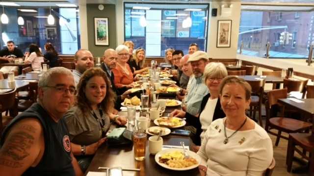 Oklahoma City bombing survivors Joanne Hutchison, Dot Hill, Susan Walton and volunteer Brad Robison having breakfast with 9/11 survivors and first responders in NYC.