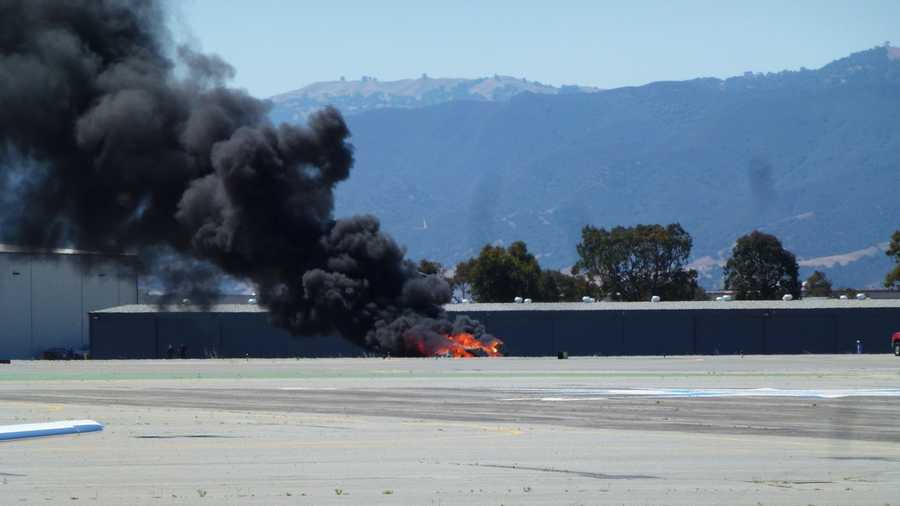 A plane burst into flames on impact at the Salinas airport on June 1, 2012.  (Photo by Tom Conklin)