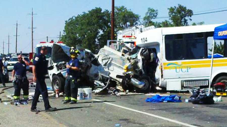 Three people died when a van carrying people with cerebral palsy and a truck crashed head on in Davis, Calif.