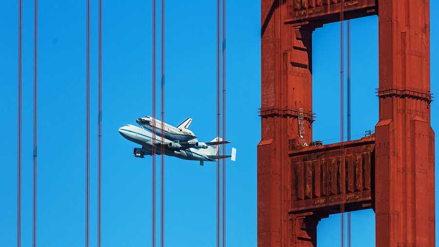 Endeavour is seen flying past the Golden Gate Bridge in San Francisco. 
