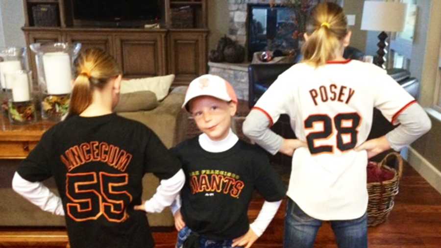 SF Giants fans Tatum, 7, Laine, 6, and Grace, 8, who all live in Salinas, are ready for the World Series.