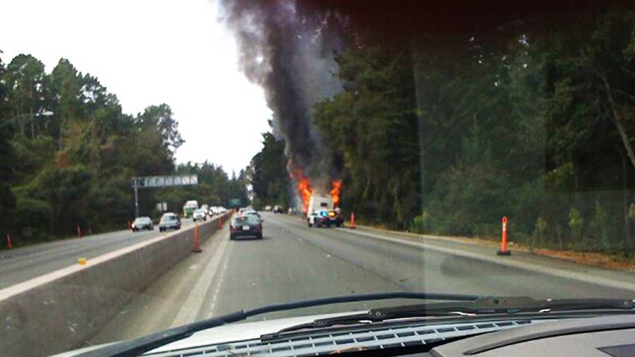 Cliff Nelson shot this photo of a vehicle burning on Highway 1 in Aptos. (Oct. 25, 2012)