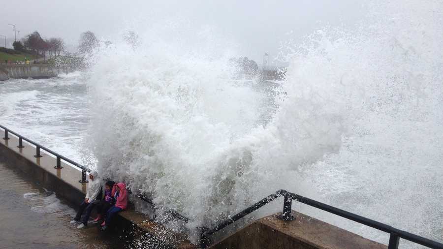 Waves crash on Lynn Beach in Massachusetts.