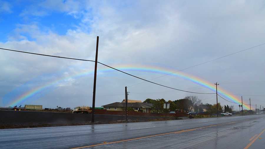 A brief moment of sunshine happened in Salinas, and as the sun pierced through the clouds, a giant rainbow formed near Highway 68 Wednesday morning. 