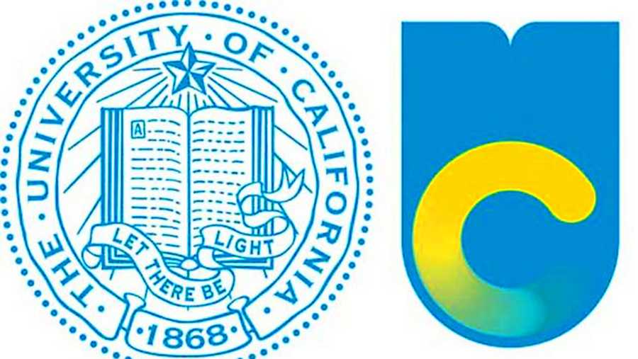 The UC's old logo is on the left and new logo on the right.