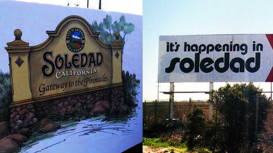 Soledad's new sign and slogan, left, and Soledad's old sign and slogan, right, are seen. 