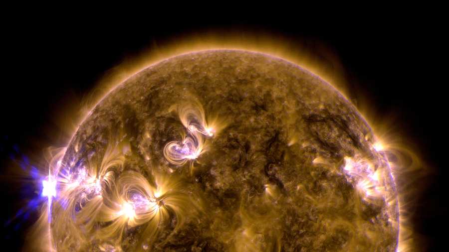 The sun erupted with an X1.7-class solar flare on May 12, 2013. This is a blend of two images of the flare from NASA's Solar Dynamics Observatory. One image shows light in the 171-angstrom wavelength, the other in 131 angstroms. 