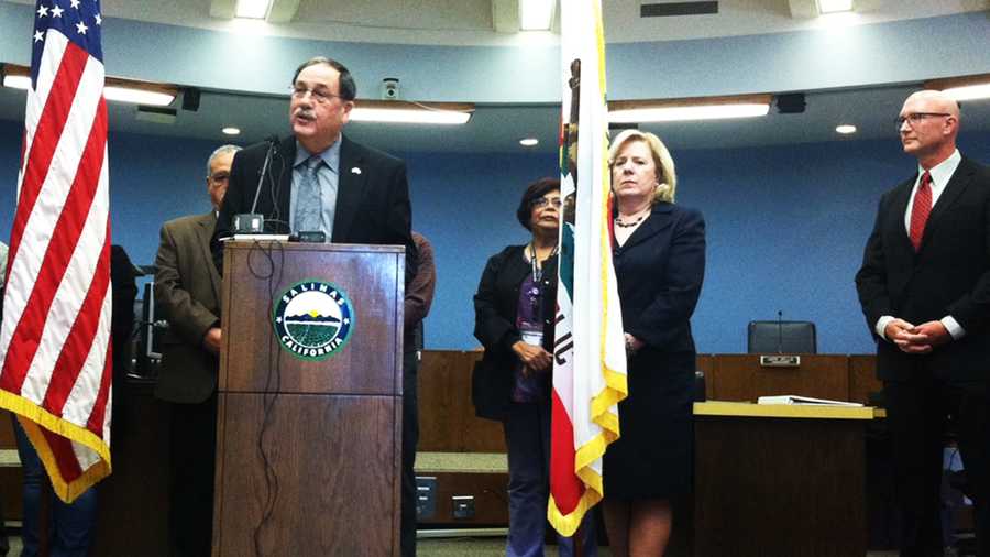 Salinas Mayor Joe Gunter, left, Monterey County Superintendent of Schools Nancy Kotowski, center, and Police Chief Kelly McMillin right, spoke out about a recent violent crime spike. 