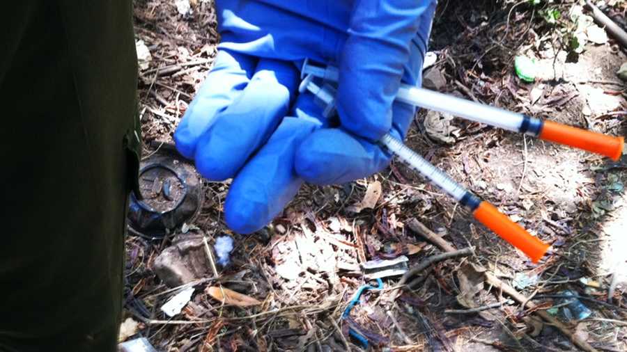Cleanup crews found these drug needles at an illegal homeless encampment near the Highway 1 fishhook in Santa Cruz. (Aug. 16, 2013)