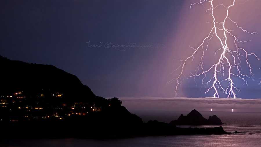 Surf photographer Frankie Quirarte captured this stunning lightning strike over the ocean off Pacifica, Calif.'s coast on Monday night. 