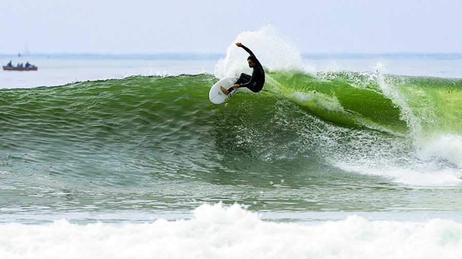 Noi Kaulukukui is seen surfing The Hook in Santa Cruz. (Photo by Santa Cruz Waves / Ben Ingram )