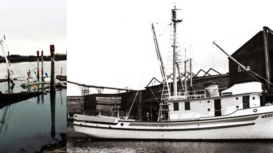 The Wester Flyer is seen when it sunk, left, and back when it was sturdy fishing boat, right. 