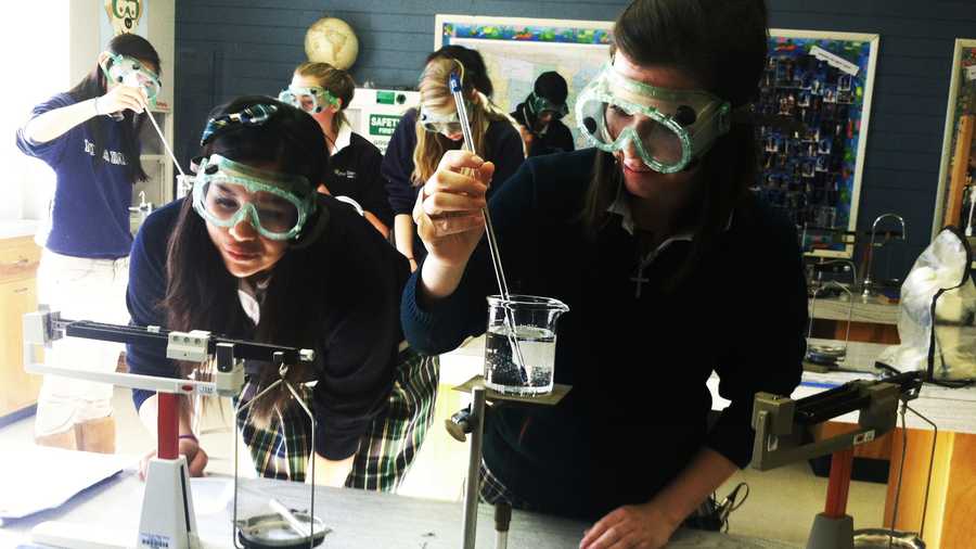 Notre Dame High School students Mariah O'Grady and Johanna Nicole Rivas work on a lab project in their chemistry class.