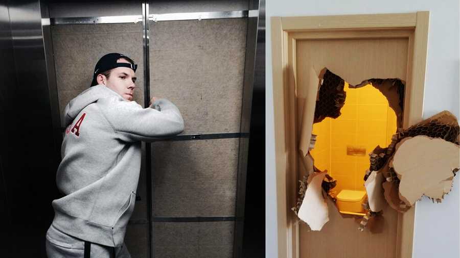 Left: Johnny Quinn tries to escape from an elevator. Right: A bathroom door is destroyed from Quinn's escape. 