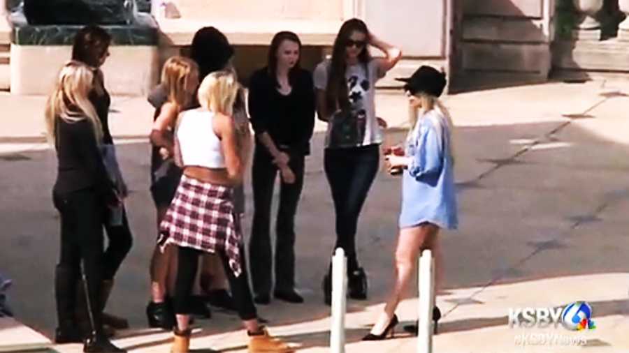 Lady Gaga, far right, talks with a dance crew at Hearst Castle.