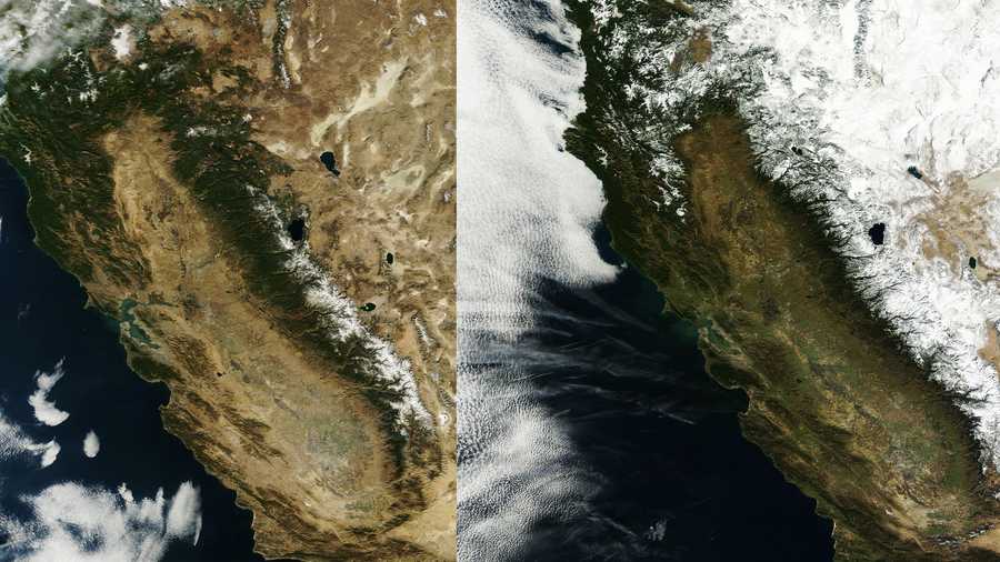 California is seen from space in January 2014 on the left, and in January 2013 on the right.