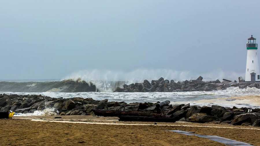 A wave blasts against the Santa Cruz harbor lighthouse on March 1. 