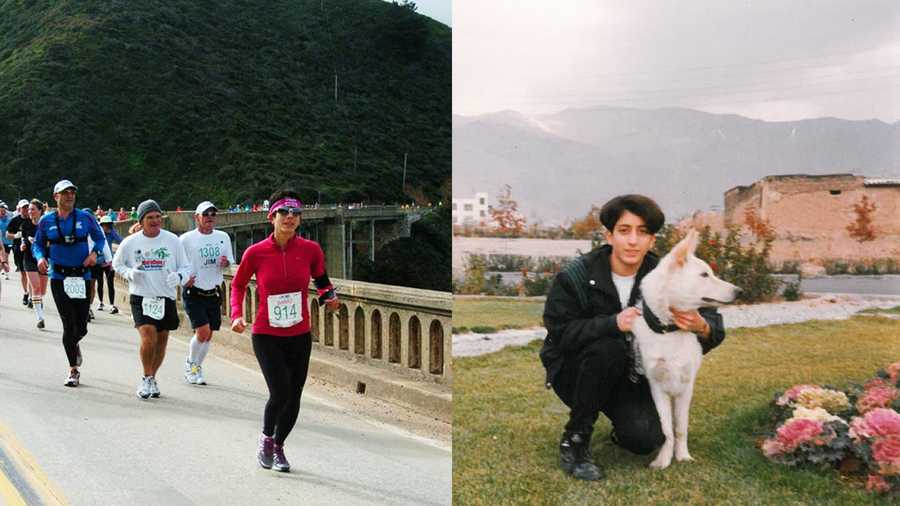 Sanaz Tofighrad is seen on the right in Iran, and on the left running the Big Sur International Marathon. 