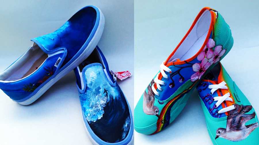 Marina High School student Marissa Braxton painted the wave shoes, and student Sally Jimenez painted the song bird shoes.