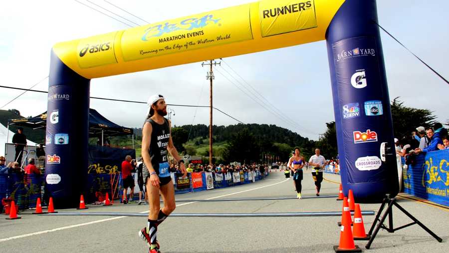 Michael Wardian catches his breath after winning the 2014 Big Sur International Marathon. 