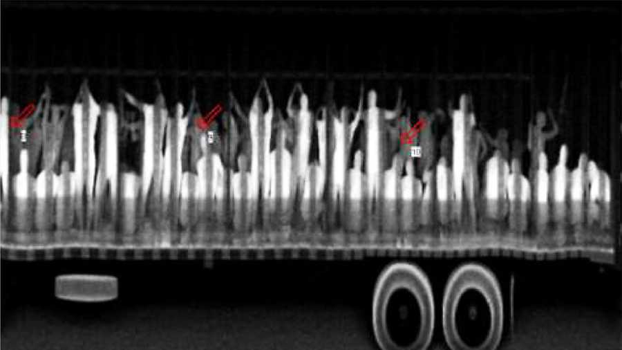 A photograph provided by the Government of Chiapas shows an X-ray view of a semi-truck loaded with 513 people. If they had reached the U.S., they could have been trafficked. 