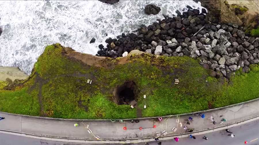 A sinkhole on West Cliff Drive in Santa Cruz is seen from a drone. 
