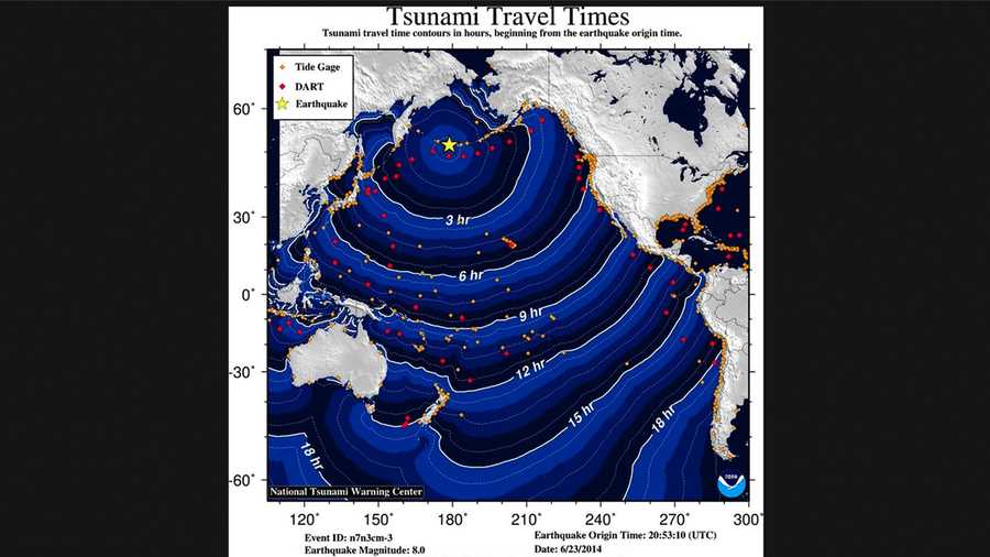 NOAA created this tsunami travel time map.