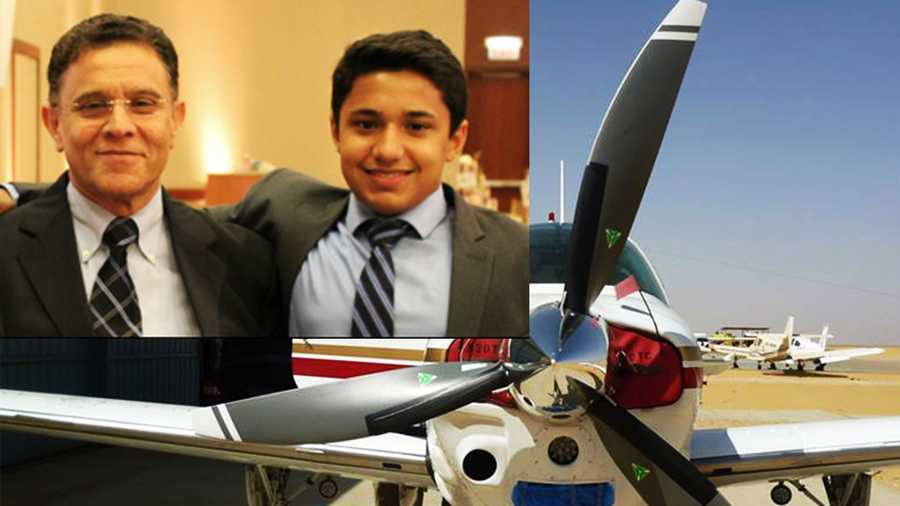 Haris Suleman, right, and his father, left, crashed while attempting to fly around the world. 