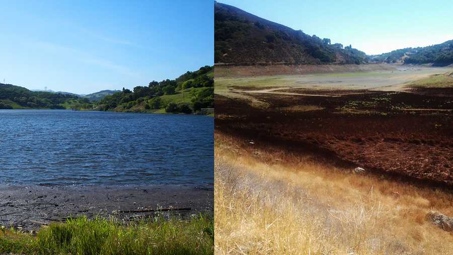 The Chesbro Reservoir is seen in April 2010 on the left, and in October 2014 on the right. 