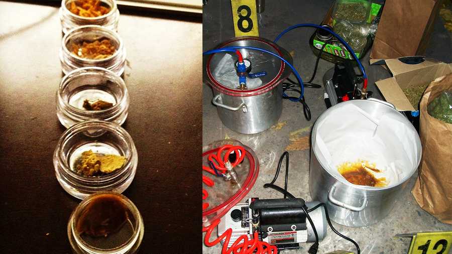 Honey oil, left. A secret honey oil lab discovered in a Gilroy house where an 11-month-old baby played nearby, right. 