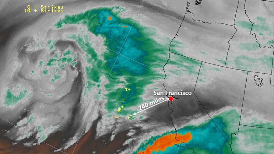 The National Weather Service's satellite imagery captured a cluster of lightning strikes Tuesday morning less than 200 miles off the coast of Monterey. 