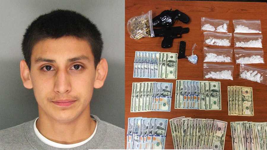 Guillermo Campos, left, was arrested in his criminal justice class at Cabrillo College. Deputies said they seized cash, drugs, and guns, right. 
