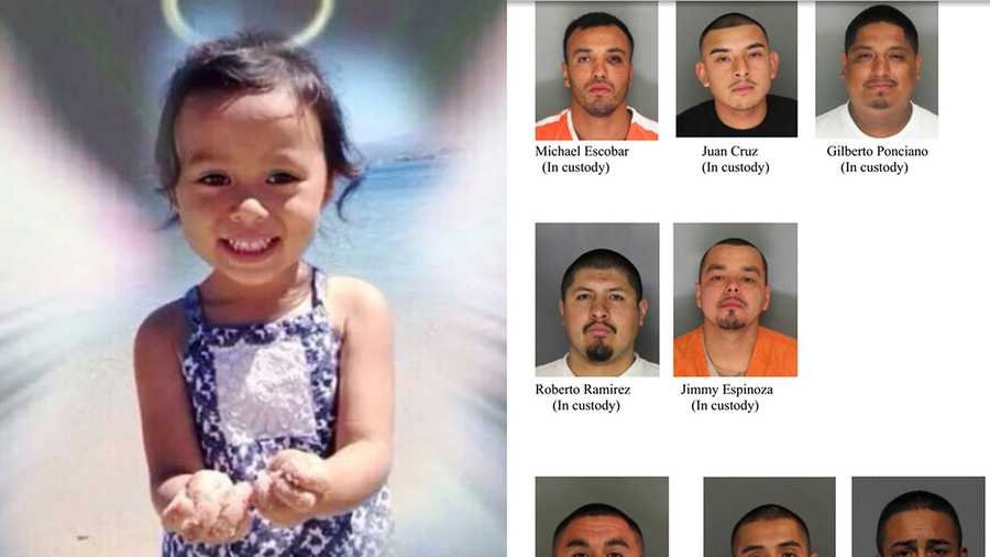 Eight Watsonville men, right, are accused of shooting 4-year-old Jaelyn Zavala to death, left. 