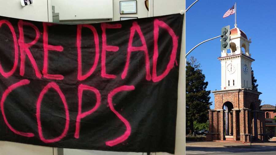 A banner, left, was seized by Santa Cruz police after vandalism happened outside the Santa Cruz County Jail.