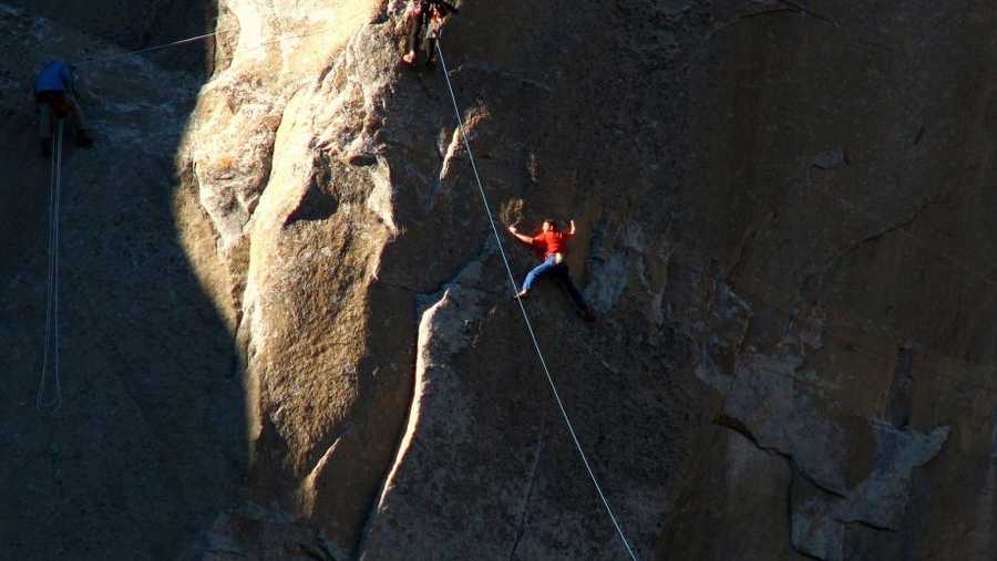 In this Jan. 3 photo provided by Tom Evans, Tommy Caldwell works what is known as pitch 15 as he and Kevin Jorgeson, not shown, attempt to climb Dawn Wall. 