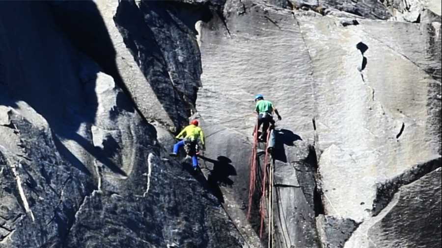 Tommy Caldwell and Kevin Jorgeson are seen completing their Dawn Wall climb Wednesday. 
