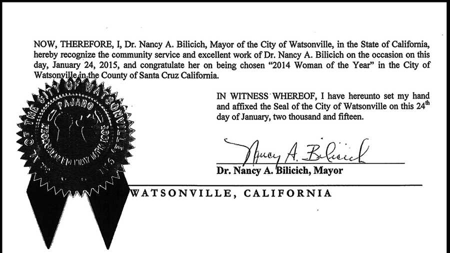 City proclamation for Nancy Bilicich, by Nancy Bilicich. 