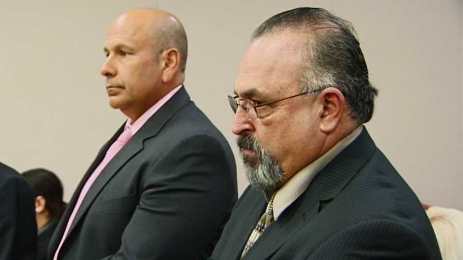 Mario Mottu, right, pleaded no contest to embezzlement. Former longtime police chief Nick Baldiviez is seen on the left. (March 25, 2015)