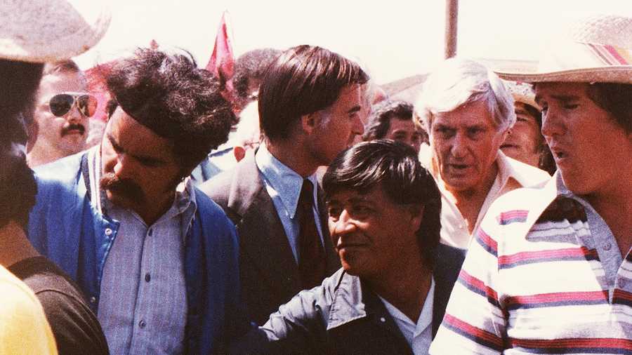 Cesar Chavez is seen marching through Salinas in 1979.