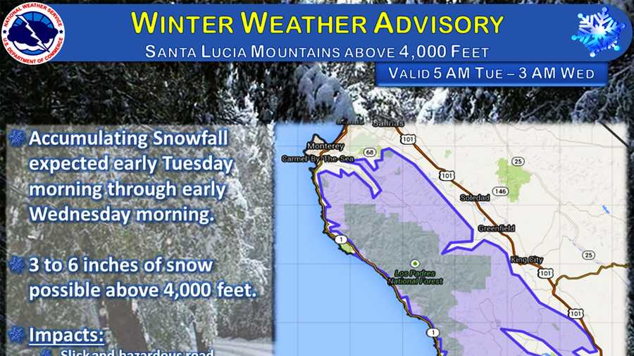 Snow forecast to fall in Monterey County Tuesday