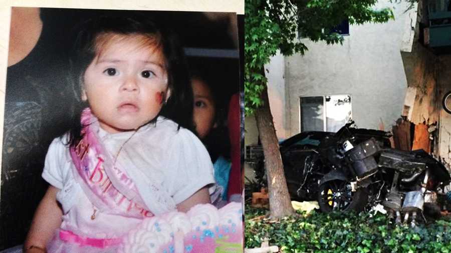 Baby Juli at her first birthday party, left, and the crash scene, right. 